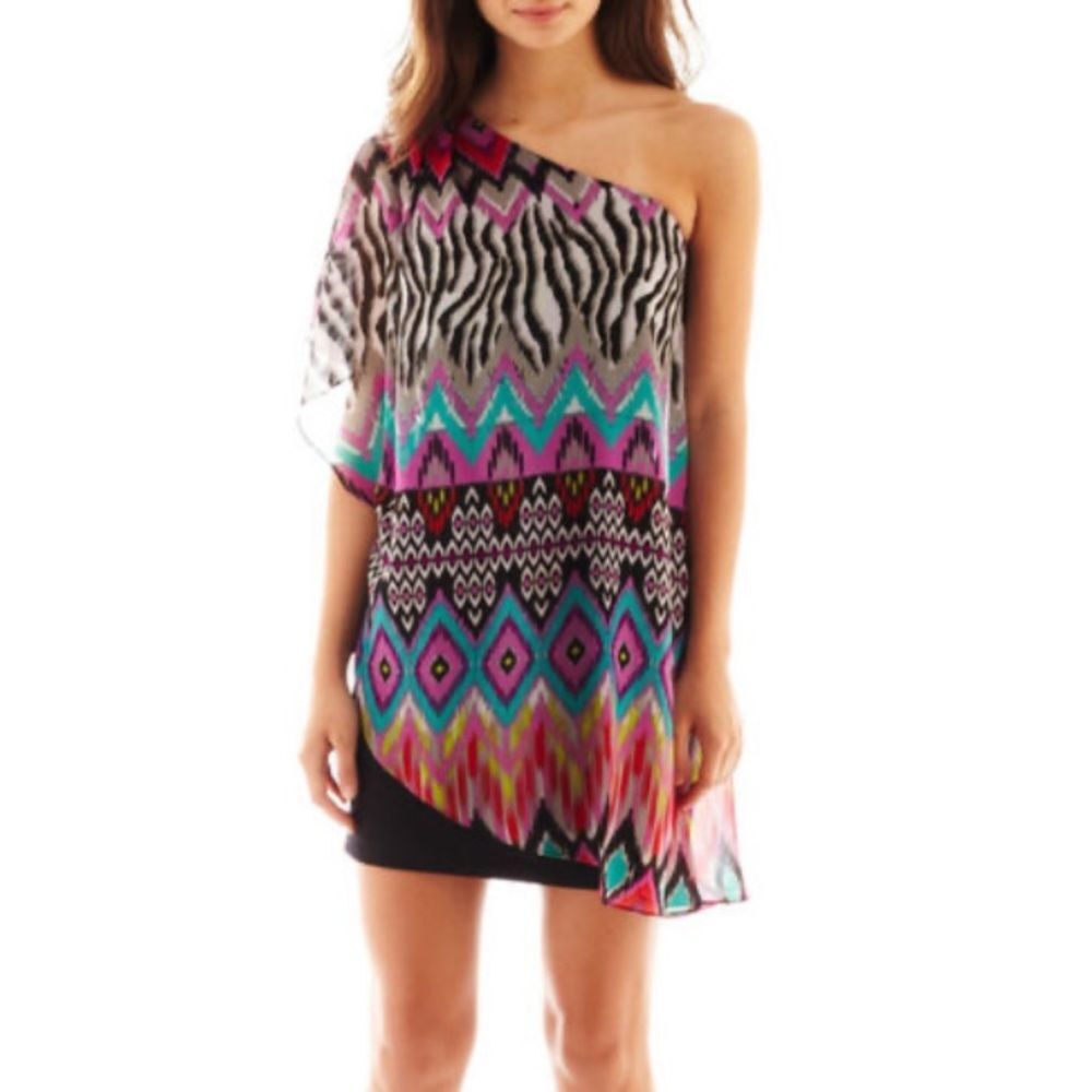 Bisou Bisou Abstract Print One Shoulder Draped Shift Mini Dress Womens 16